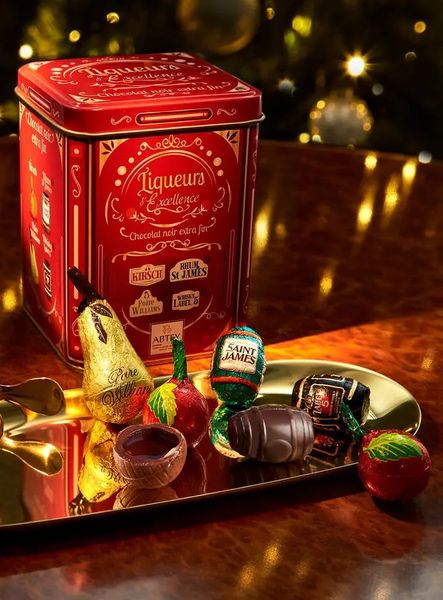 Шоколадні цукерки з преміальними лікерами Abtey Liqueurs d'Excellence tin of liqueurs in dark chocolate ж/б 250г, Франція id_10439 фото