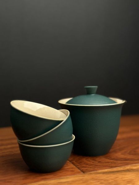Дорожній набір посуду з кераміки гайвань і три піали темно-зелений, Китай id_7519 фото