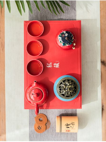 Набір посуду Танцюючий журавель для чайної медитації з пальником для пахощів вишня, Китай id_8956 фото
