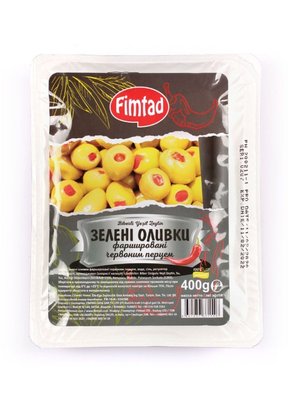 Оливки зелені Fimtad фаршировані червоним перцем 400г, Туреччина id_2443 фото