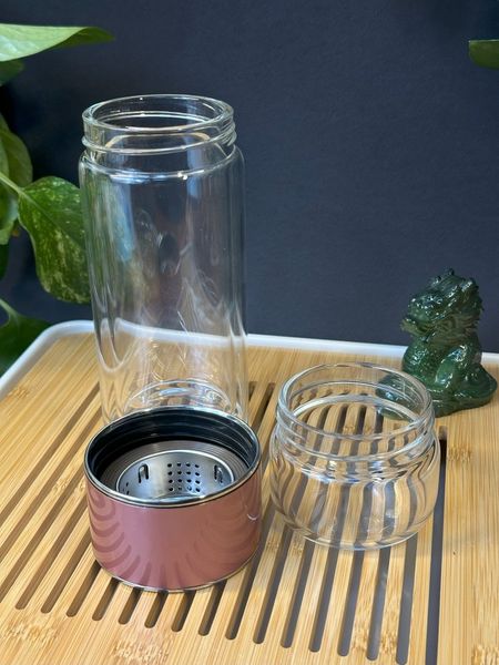 Термос-заварник з подвійного скла для чайної церемонії зі знімною чашкою рожевий 400мл, Китай id_9017 фото