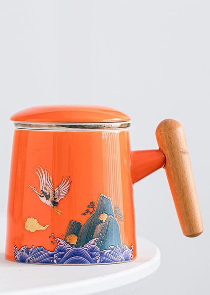 Подарункова чашка з заварником Журавель благополуччя ручної роботи помаранчева, Китай id_7857 фото